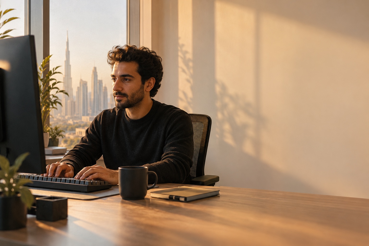 A developer at work in late afternoon light