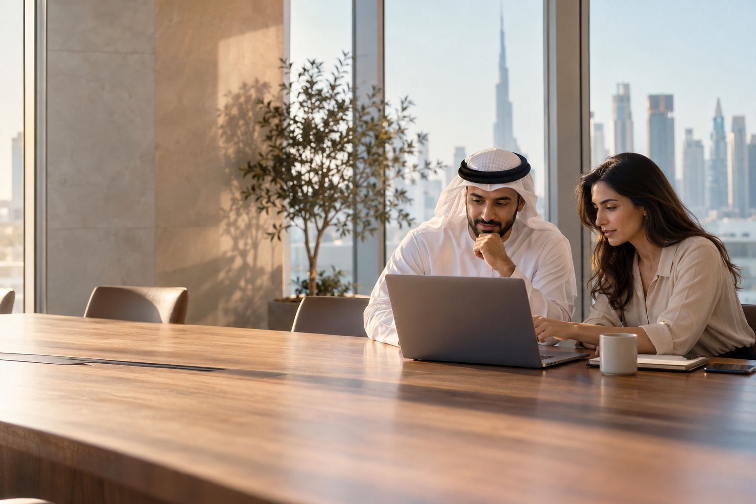 Two colleagues reviewing payment routing on a laptop in a bright Dubai office