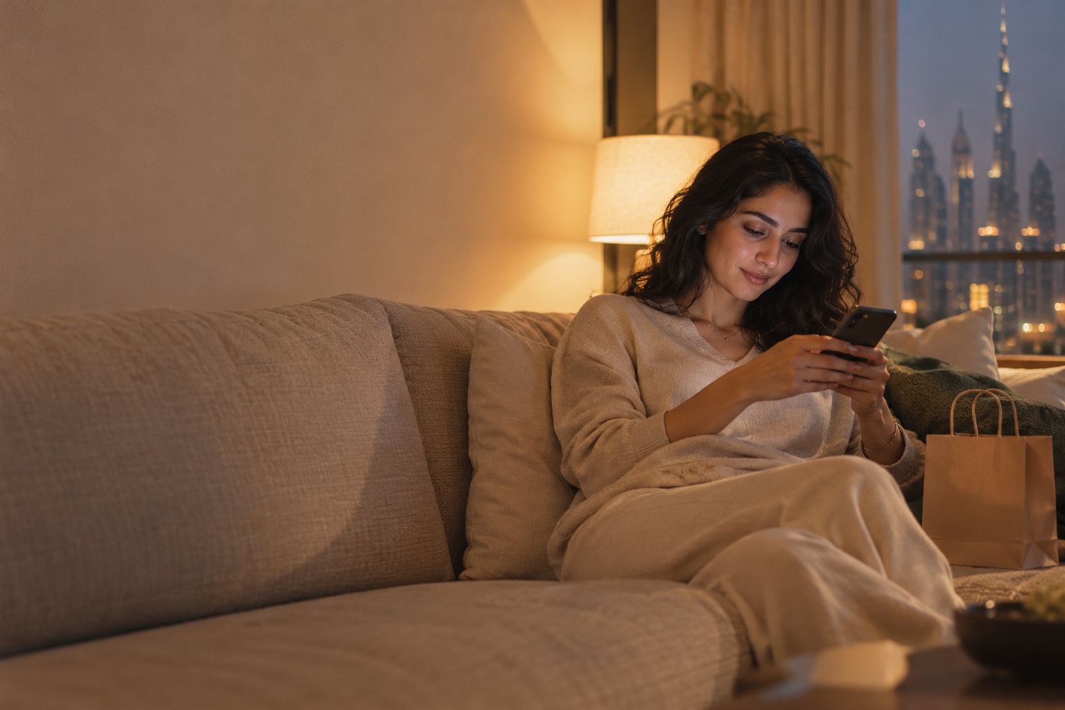 A shopper on her sofa in the evening, buying on her phone